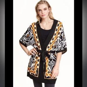 H & M jacquard knit cardigan winter fall with belt orange black white warm